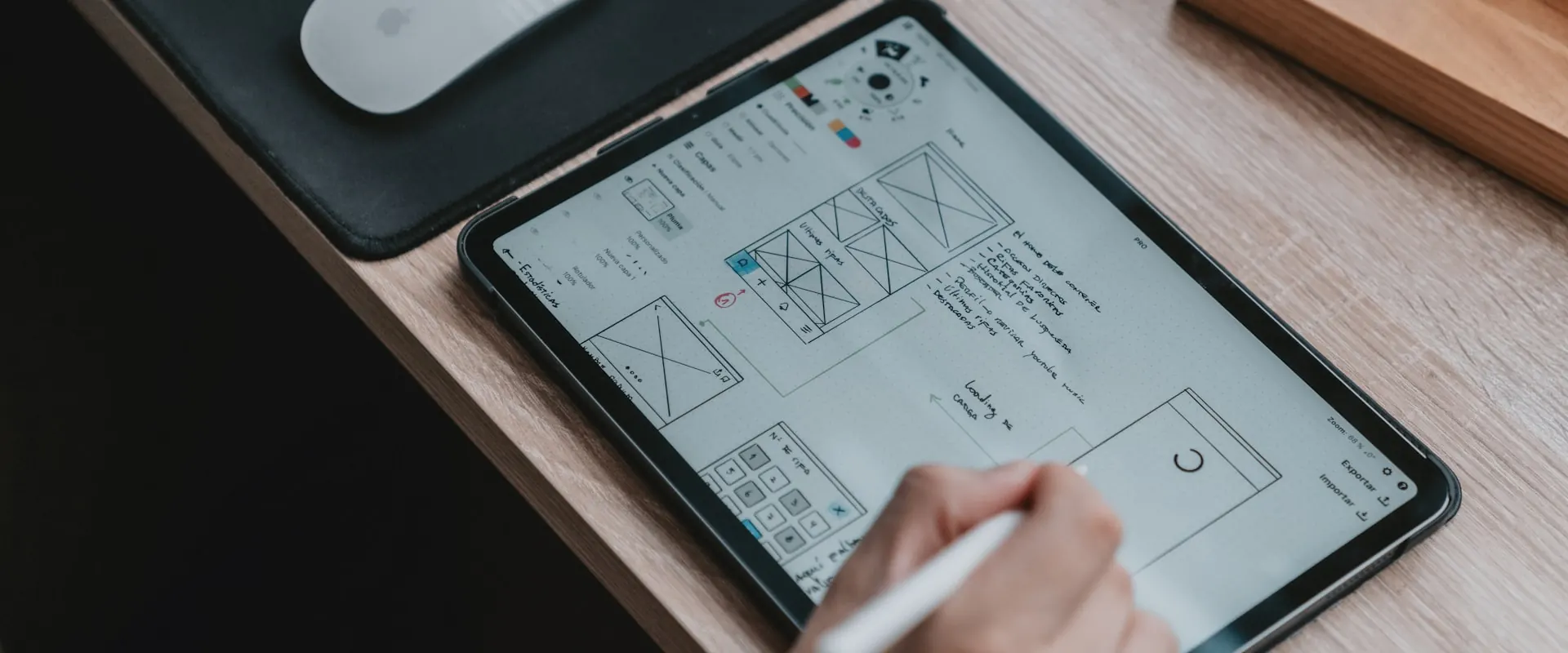 Mano dibujando un wireframe en una tablet